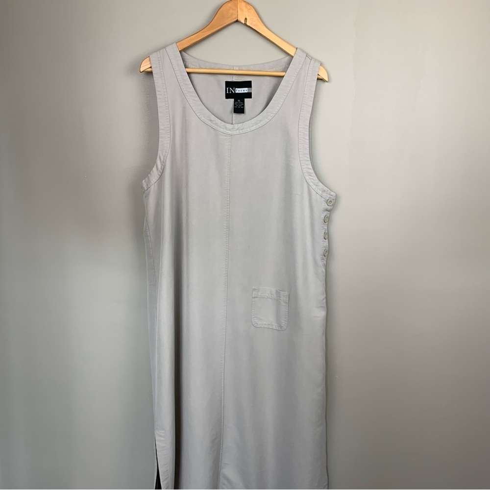 Sleeveless Shift Maxi Dress XL Light Gray Lyocell Side Slits Vintage InFocus